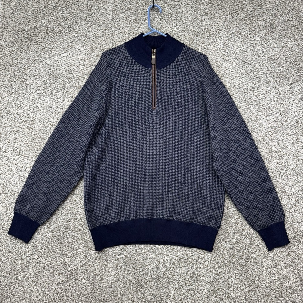 Orvis Sweater Men's Large 100%‎ Merino Wool Blue Geometric Quarter Zip Pullover